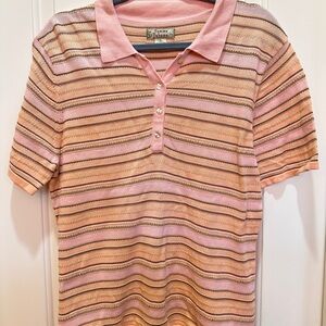 Vintage Tommy Bahama Pink and Tan Knit Striped Button Down Shirt